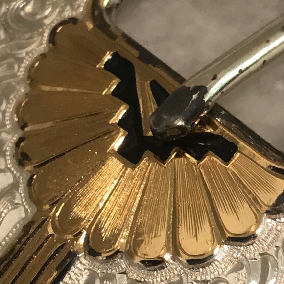 Vintage Western Belt Womens 34 Blue Woven Gold SilverTone Buckle Leather Cowgirl - Picture 10 of 13